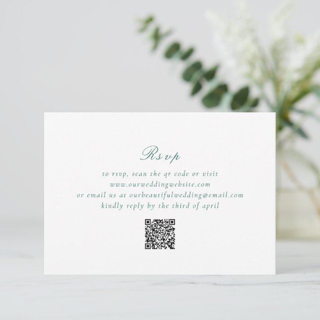 Clean Emerald Green QR Code Elegante Hochzeit RSVP Karte (Stehend Vorderseite)