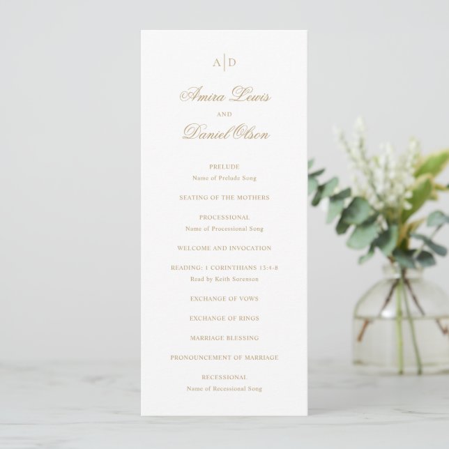 Clean Gold Classic Wedding Programm (Stehend Vorderseite)
