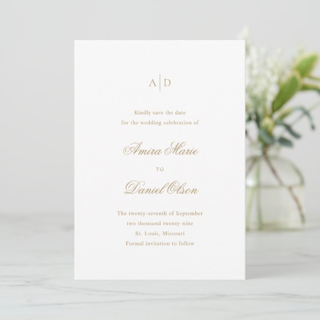 Clean Gold Classic Wedding Save The Date (Stehend Vorderseite)