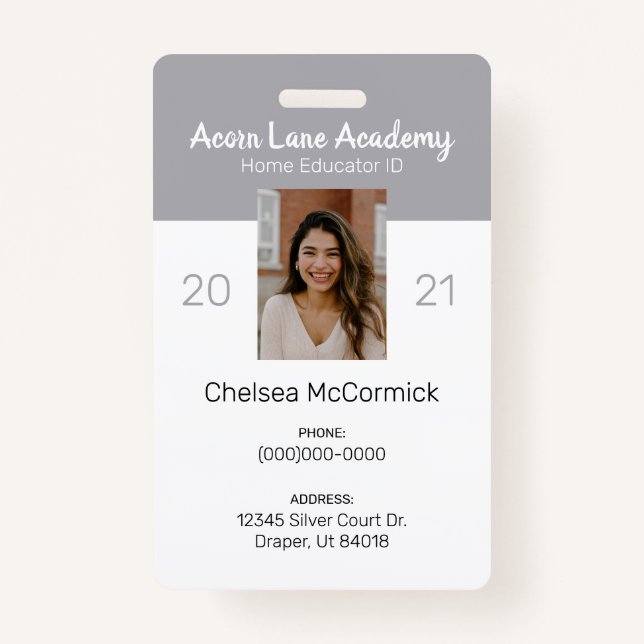 Clean Gray Homeschool Educator ID Abzeichen Ausweis (Vorderseite)