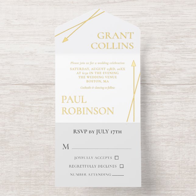 Clean Gray White Gold Arrow Minimalist Wedding All-in-One-Einladung (Innenseite)