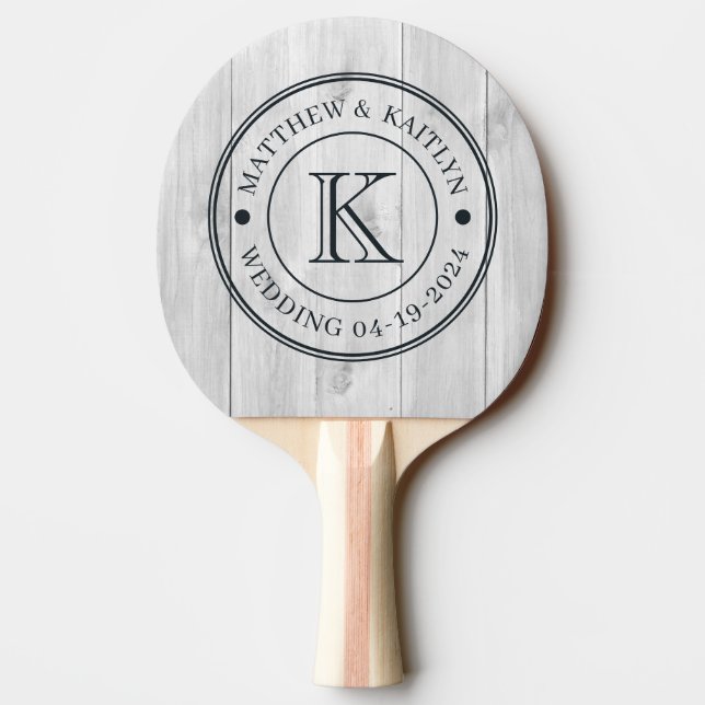 Clean Light Gray Wooden  Wedding Monogram Tischtennis Schläger (Rückseite)