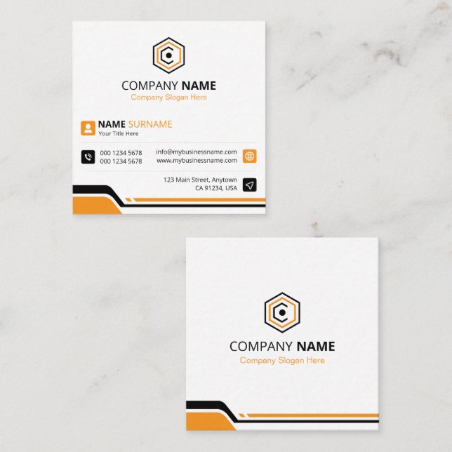 Clean & Modern Orange & White Corporate Quadratische Visitenkarte (Vorne/Hinten)