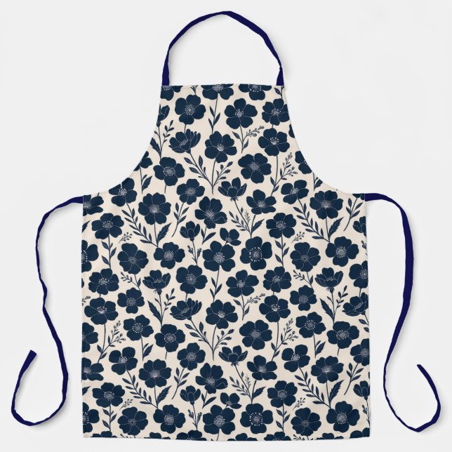 Clean monochrome wildflowers in navy on cream  schürze (Vorderseite)