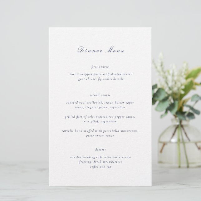 Clean Navy Blue Elegante Wedding Menu (Stehend Vorderseite)
