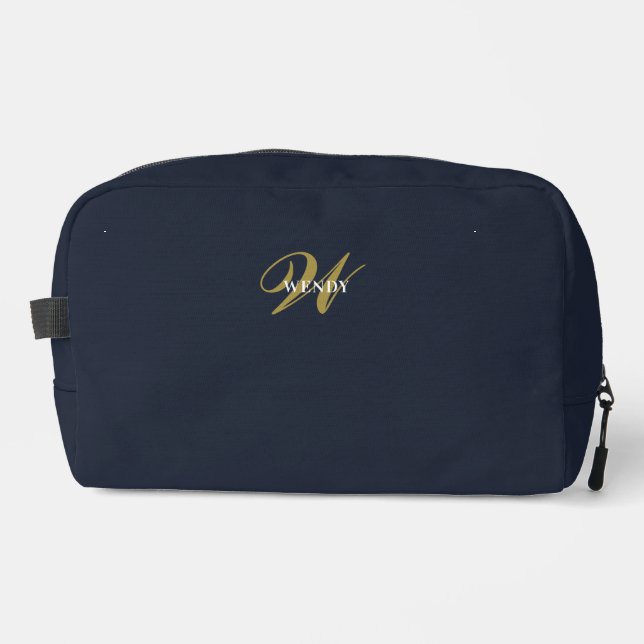 Clean Navy Blue Gold Monogram Accessories Waschbeutel (Vorderseite)