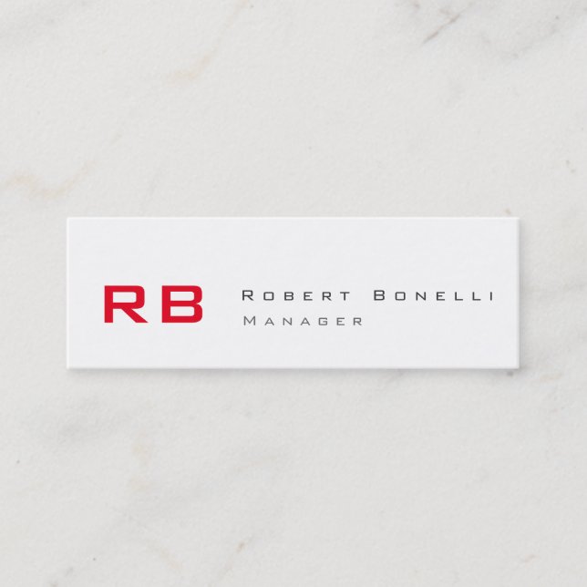Clean White Red Monogram Skinny Business Card Mini Visitenkarte (Vorderseite)
