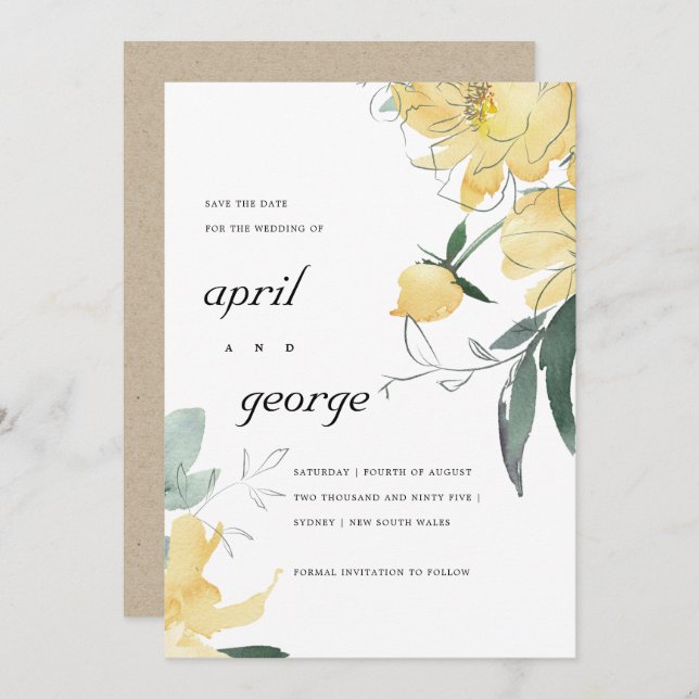 CLEAN YELLOW GREEN FLORAL SAVE THE DATE CARD DANKESKARTE (Vorne/Hinten)