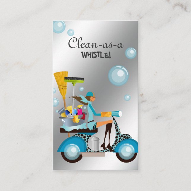 Cleaning Business Card Scooter Girl Silver Visitenkarte (Vorderseite)