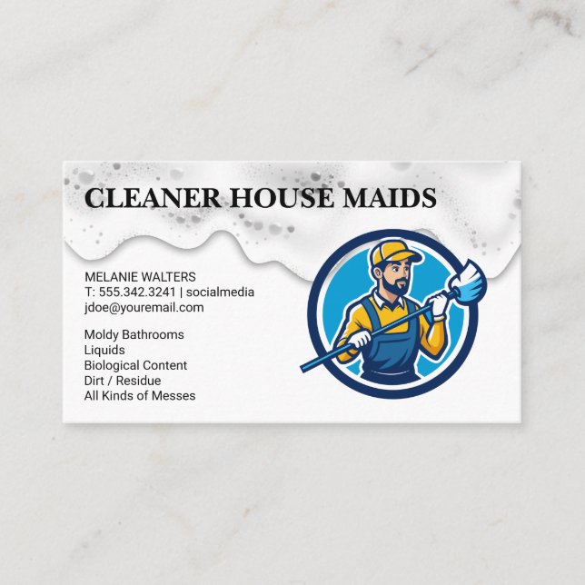 Cleaning Services | Janitor Holding Mop Visitenkarte (Vorderseite)