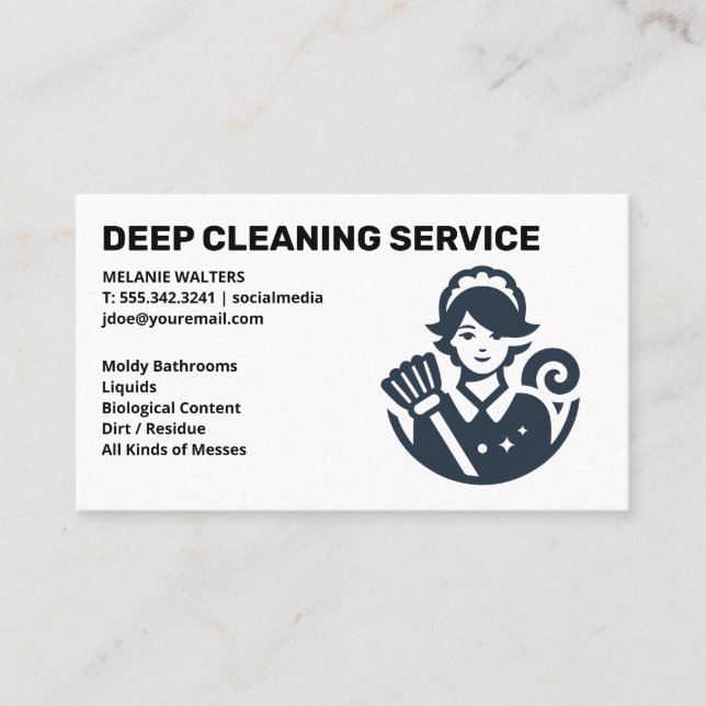Cleaning Services | Maid with Broom Logo Visitenkarte (Vorderseite)