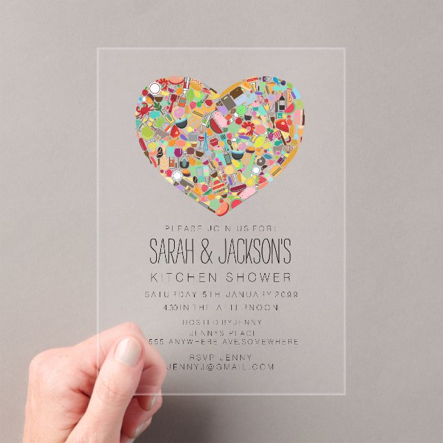 CLEAR Food Heart Kitchen Tea Bridal Shower Party Acryleinladungen (Insitu (Handheld))