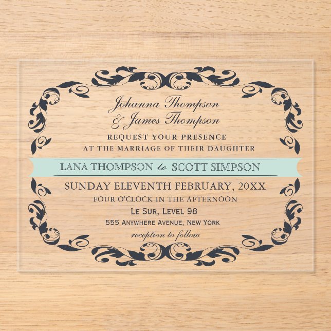 CLEAR Navy Elegant Victorian Filigree Wedding Acryleinladungen (Vorderseite)