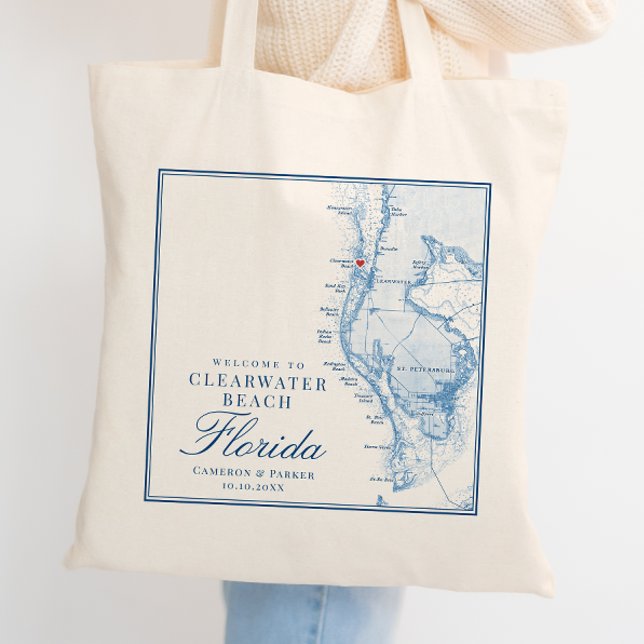 Clearwater Beach FL Blue Wedding Welcome Tote Bag Tragetasche (Clearwater Beach FL Custom Wedding Tote Bag Welcome Bag in Elegant Navy Blue by Coastal Map Designs)