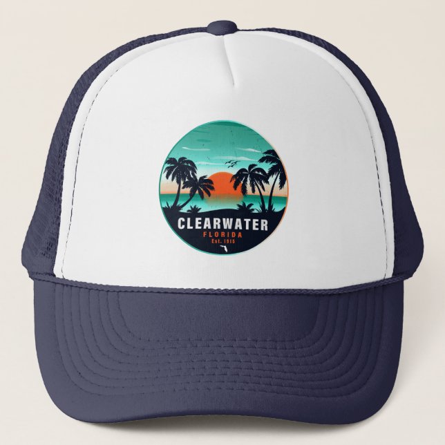 Clearwater Beach Florida Palm Tree Souvenirs 60er Truckerkappe (Vorderseite)