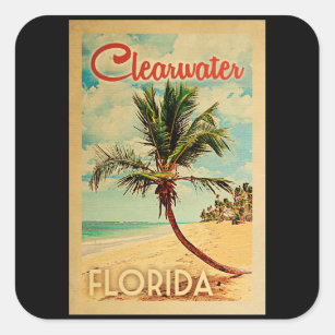 Clearwater Florida Palm Tree Beach Vintage Travel Quadratischer Aufkleber