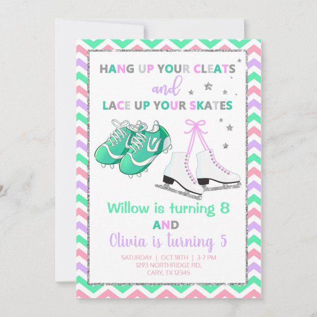 Cleats und Skate Mädchen Geschwister Geburtstag ei Einladung (Vorderseite)