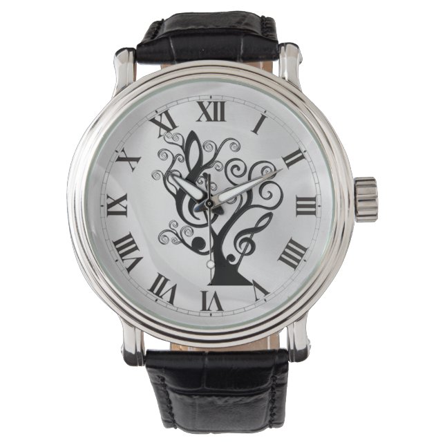 Clef Tree Watch in Schwarz-Weiß-Musik Armbanduhr (Vorderseite)