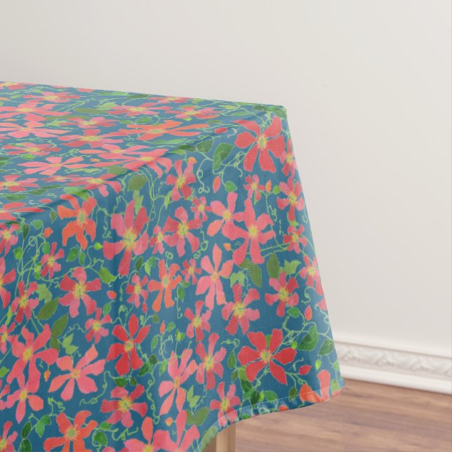 Clematika Rosa, Rot, Orangefarbene Blüte auf Deep  Tischdecke (Beispiel)