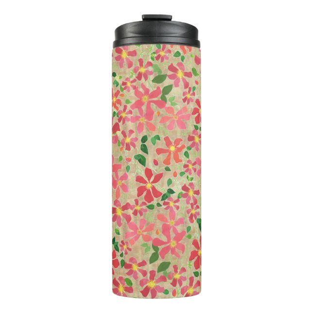 Clematis Rosa, Rot, Orangefarbenes Muster auf Taup Thermosbecher (Vorderseite)