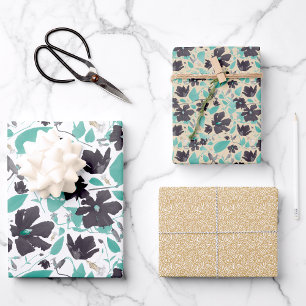 Clematis-Wasserfarbe Tealgrau Floral Geschenkpapier Set