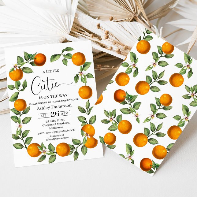 Clementine Orangen Wreath Kleine Süsse Babydusche Einladung (Little Cutie is on the Way Baby Shower Invitation Template, Clementine Baby Shower Invite, Oranges)