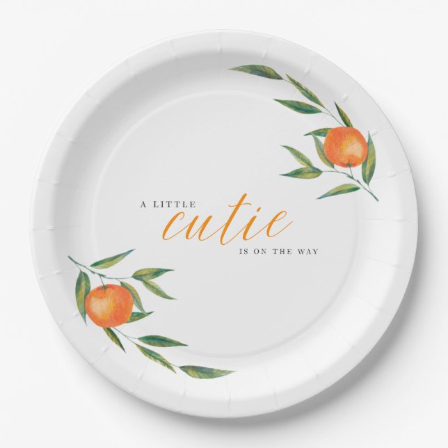 Clementine Watercolor "Cutie" Baby Shower  Pappteller (Vorderseite)