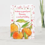 Clementines Fruit Happy Birthday Friend Custom Karte<br><div class="desc">Eine hübsche Geburtstagskarte,  die mit einem Trio aus leuchtend orangefarbenen Clementinen geschmückt ist,  die mit Tinte gezeichnet und mit Aquarellfarbe auf einem roten Aquarellhintergrund gestrichen wurden.  Eine fröhliche Karte,  um sich mit Namen und Nachricht für eine besondere Person in Ihrem Leben anpassen!</div>