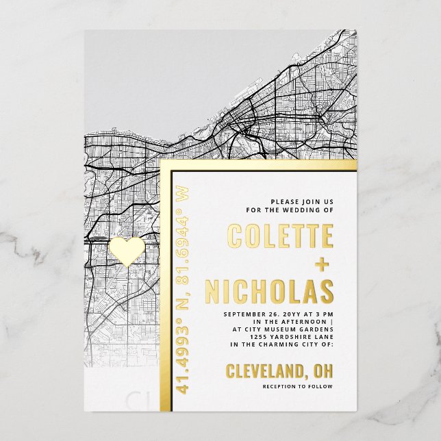 Cleveland Liebe Locator | Städtische Hochzeit Folieneinladung (Vorderseite)