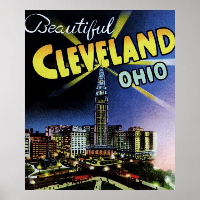 Cleveland Ohio Großbuchstabe in der Nacht Poster (Vorne)