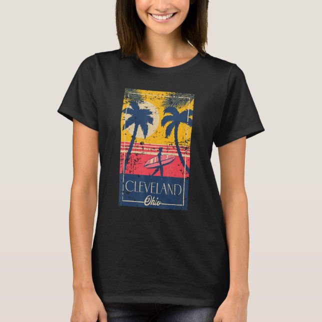 Cleveland Ohio Retro Palm Trees Surf Distressed De T-Shirt (Vorderseite)