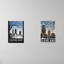 Cleveland Ohio Skyline Winter Woodcut Black&White