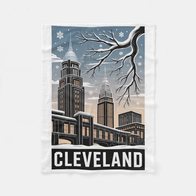 Cleveland Ohio Skyline Winter Woodcut Black&White Fleecedecke (Vorderseite)
