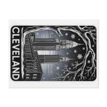Cleveland Ohio Skyline Winter Woodcut Black&White