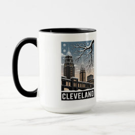 Cleveland Ohio Skyline Winter Woodcut Black&White Tasse