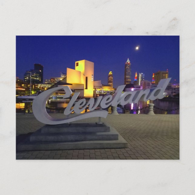 Cleveland script sign at night postkarte (Vorderseite)