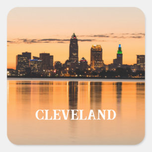 Cleveland Stadt Ohio Sonnenuntergang Skyline Fluss Quadratischer Aufkleber