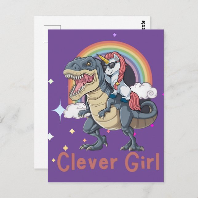 Clever Girl - Unicorn Riding Dinosaur Edition Postkarte (Vorne/Hinten)