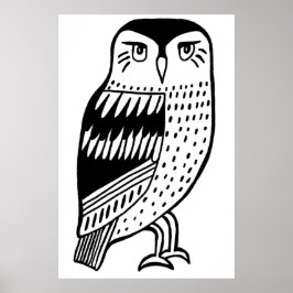 Clever Owl schwarze Linie zeichnend auf Weiß Poster