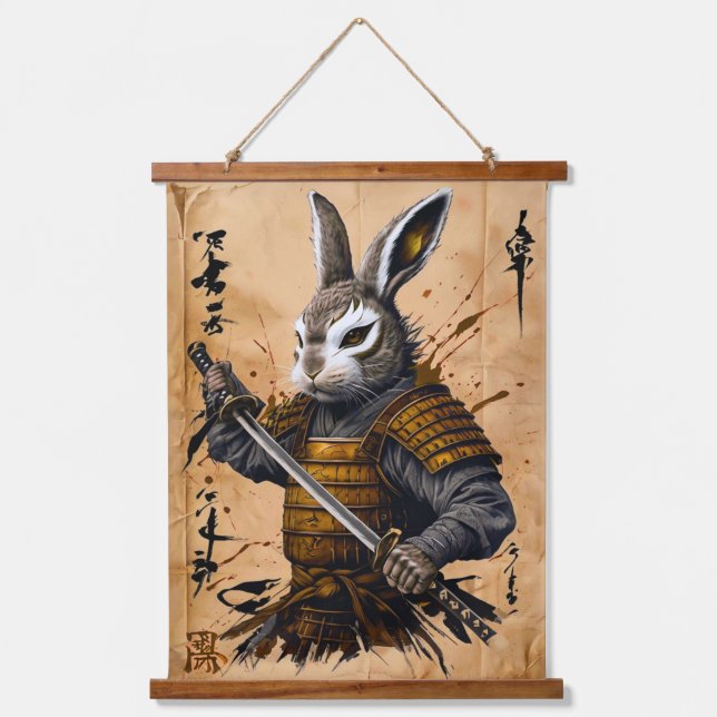 Clever Rabbit Samurai Warrior - Japanischer Tinten Wandteppich Mit Holzrahmen (Vorderseite)