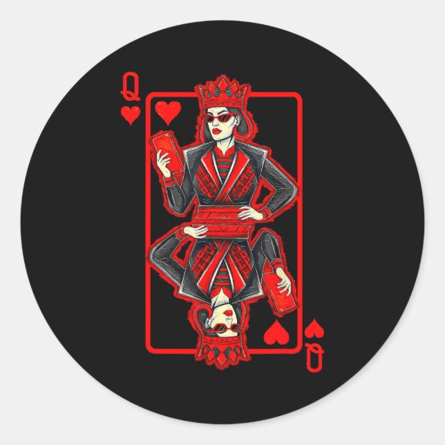 Clic Whimsical Queen Of Hearts Sungles Playing Car Runder Aufkleber (Vorderseite)