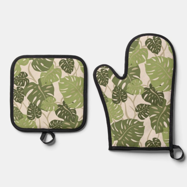 Cliff Hanger Hawaiian Monstera Leaf Green Ofenhandschuh & Topflappen-Set (Vorderseite)