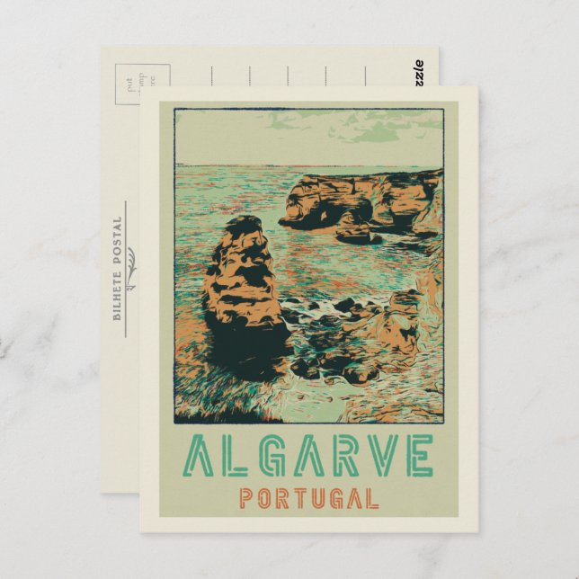 Cliff Küste Illustration Algarve Portugal Postcard Postkarte (Vorne/Hinten)