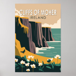 Cliffs of Moher Ireland Floral Travel Art Vintag Poster
