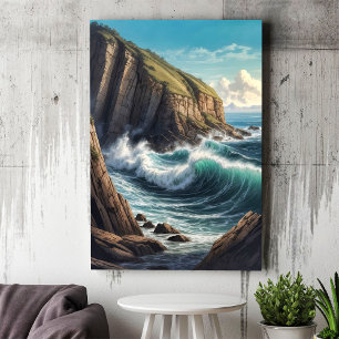Cliffside Brown Blue Ocean Waves Seaside Poster