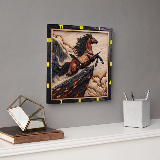 Cliffside Freedom: Holz Mustang Timepiece Quadratische Wanduhr (Büro)