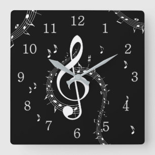 Climactic G Clef White Music on Black  Quadratische Wanduhr