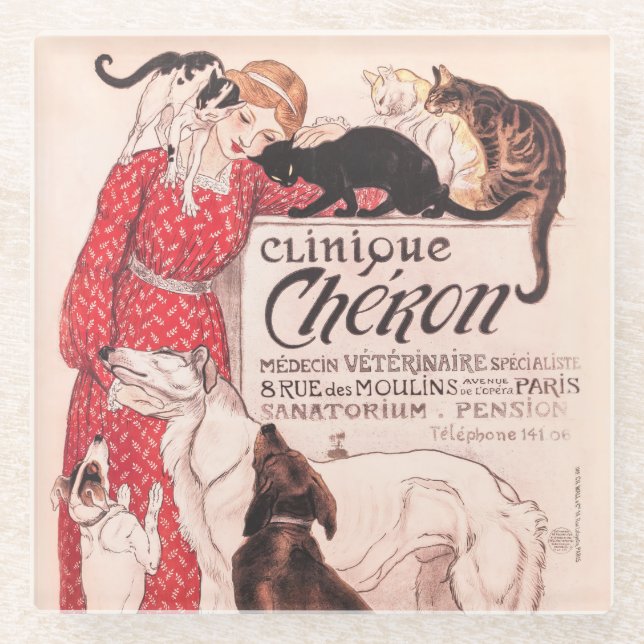 Clinique Cheron Vintage Dog Cat Steinlen Poster Glasuntersetzer (Vorderseite)