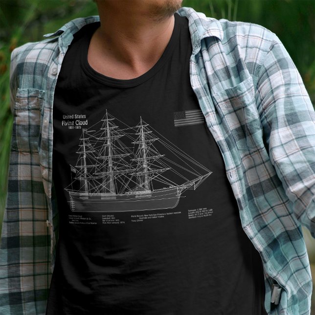 Clipper-Schiff Flying Cloud - Blaupause ABD T-Shirt (Clipper Ship Flying Cloud - Blueprint ABD. Men Basic Black T-Shirt )