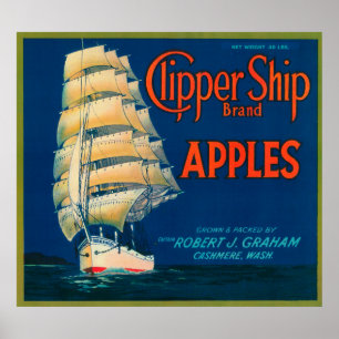 Clipper Ship Apple Label (grün) - Cashmere, WA Poster